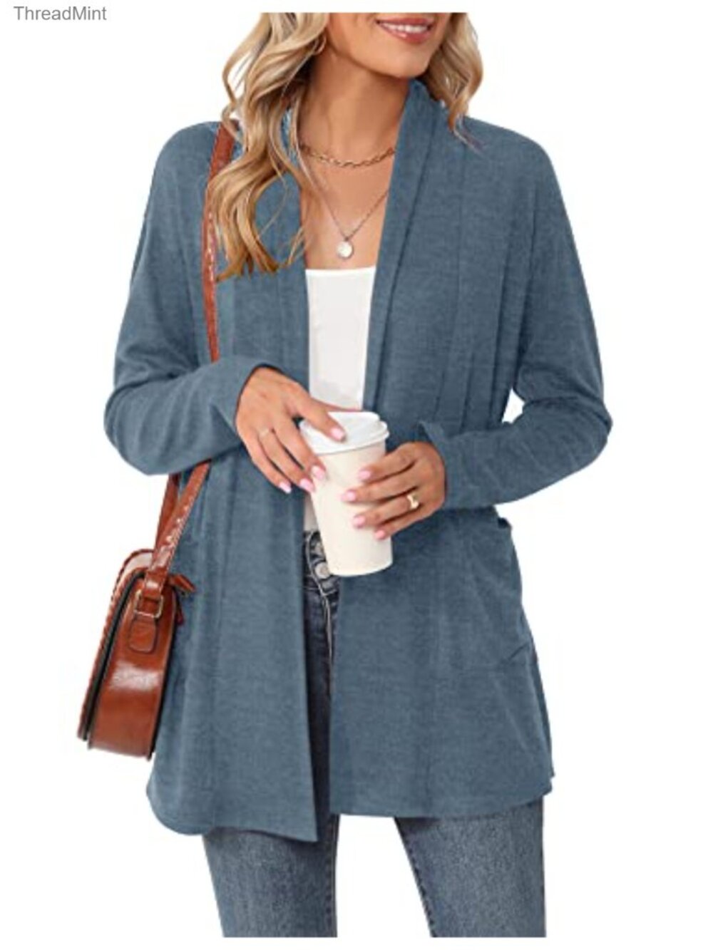 Lightweight Open Front Cardigan Long Sleeve Loose Fit Pockets